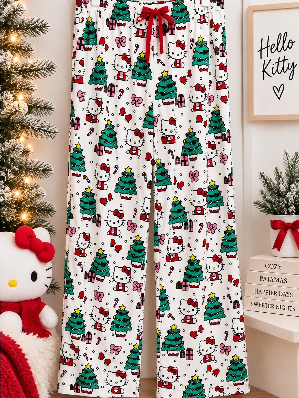 Hello Kitty White Holiday Pajama Pants with Green & Red Accents